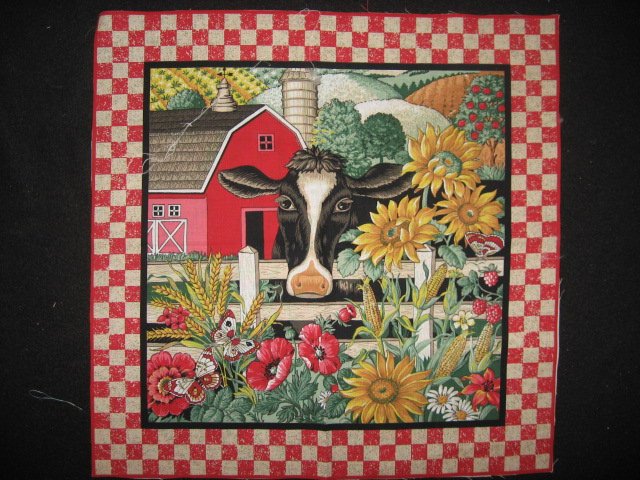 Image 0 of Cow farm barn Sunflower Poppy Corn Country Fabric pillow panel