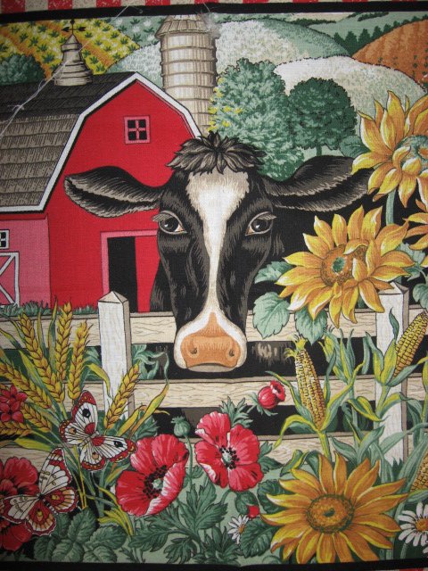 Image 1 of Cow farm barn Sunflower Poppy Corn Country Fabric pillow panel