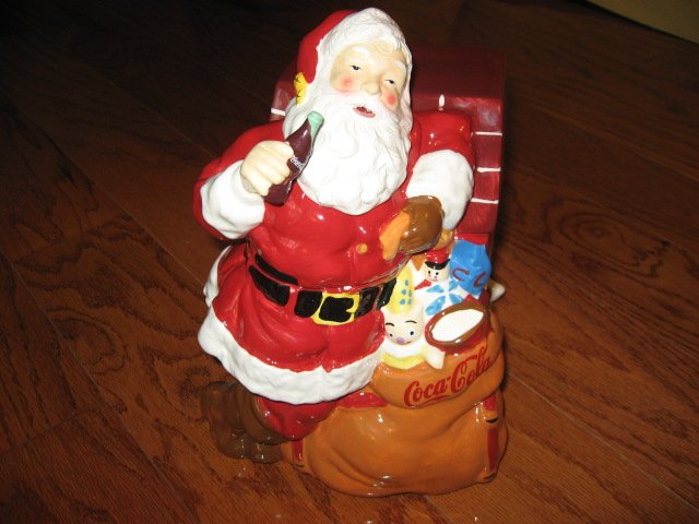 Image 1 of Coca-Cola Christmas Santa Ceramic Cookie Jar Excellent Condition Haddon Sunblom