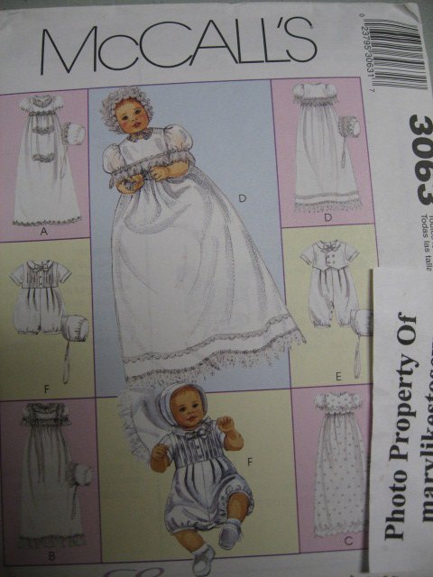 Image 0 of McCall's 3063 Pattern Uncut Baby Christening Gowns Romper Boy Girl All Sizes  