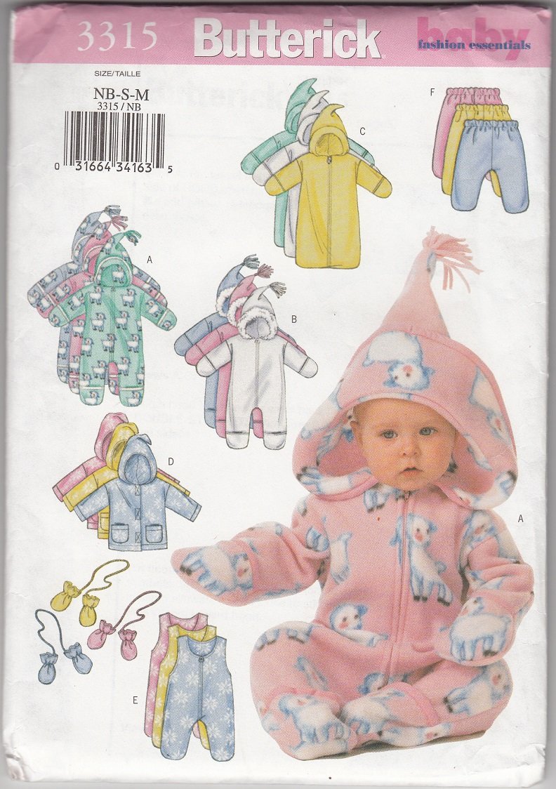 Butterick 3315 Sewing Pattern Baby Bunting Jacket Pants Mittens  L