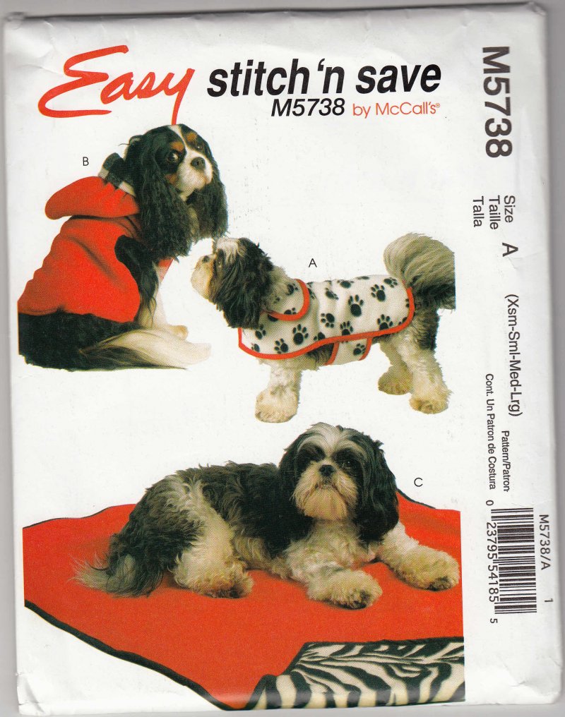 McCall's 5738 Pattern New Uncut Dog Coats Mats Extra Small to Large 