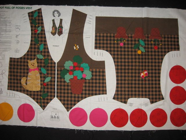 Brown checked Vest 100% cotton fabric Panel with Cat and yoyo flowers to sew