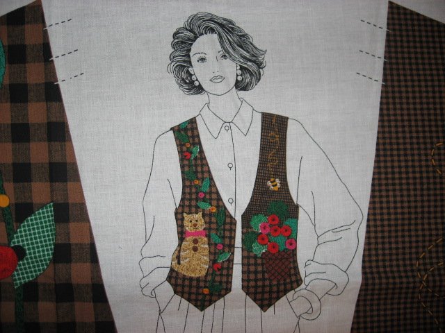 Image 1 of Brown checked Vest 100% cotton fabric Panel with Cat and yoyo flowers to sew