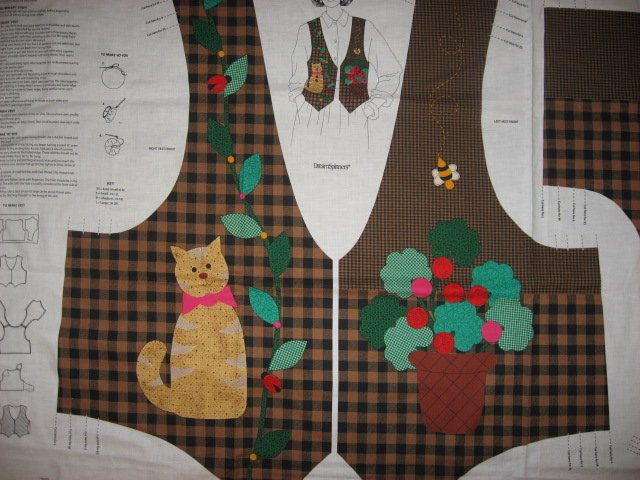 Image 2 of Brown checked Vest 100% cotton fabric Panel with Cat and yoyo flowers to sew