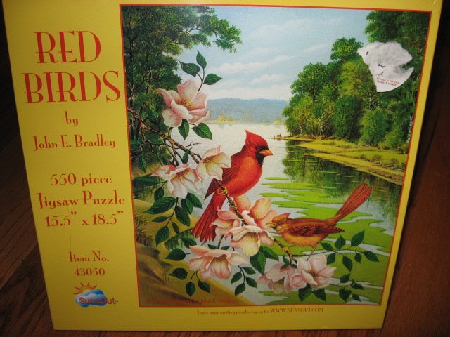 Image 0 of Cardinal Red Birds Magnolia 550 pc Puzzle 18 1/2