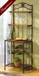 Thumbnail of Tuscan Style Wood Black Metal Bakers Wine and Glass Rack