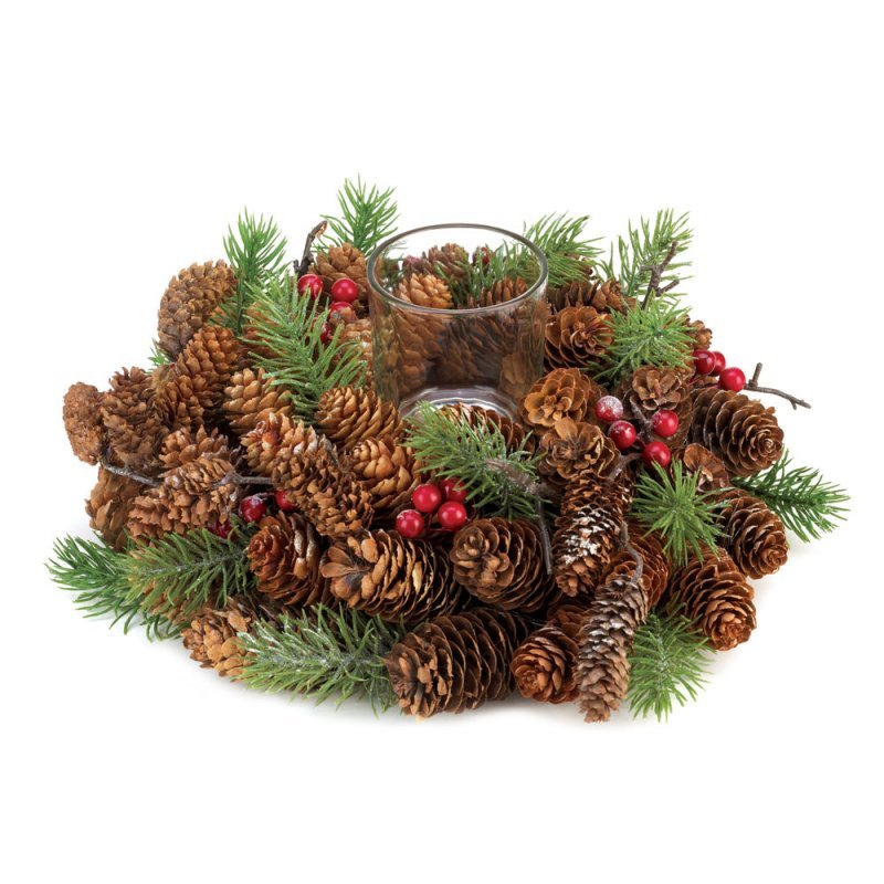 12 Candle Holders Pine Cone & Red Berries Centerpieces Wreath Holiday