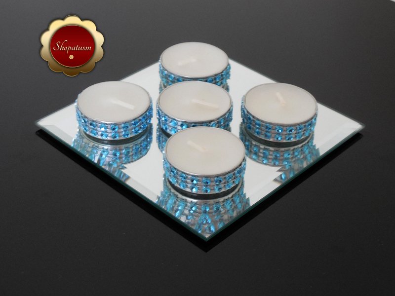 25 Bling Light Blue Tea Light Candles, Blue Rhinestone Candles, Wedding Candles
