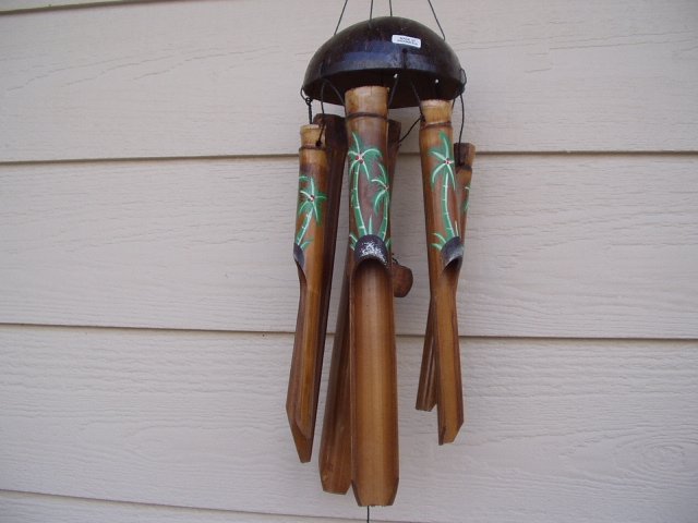 Bamboo Wind Chimes 32 Inch Painted Palm Trees Half Coconut