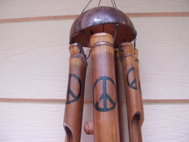 Bamboo Wind Chimes 30 Inch Painted Peace Sign Symbol Coconut Top