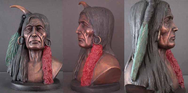 Native American Indian w/ Green & Red Feathers Bronze Bust Sculpture