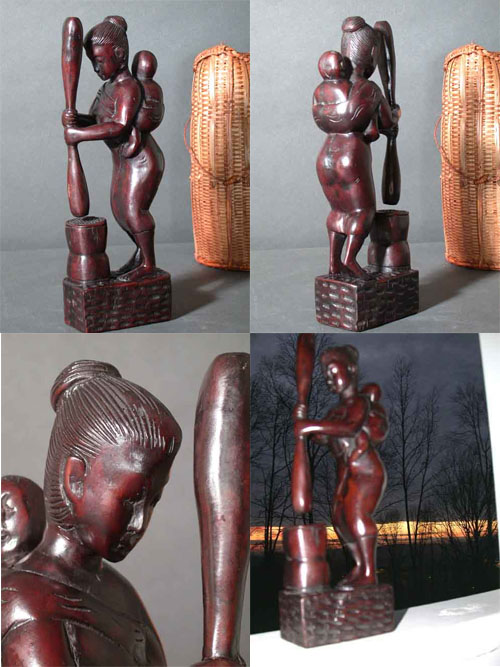 Mother With Child Pounding Rice Resin Sculpture