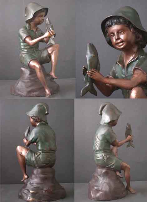 Bronze Fountain Young Boy With Fish Garden Art