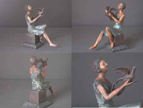 Bronze Sculpture Female With Bird Deco Figurine w/ Marble Base