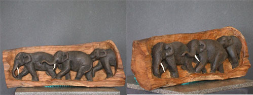 Wooden Log Carved With Three Elephants