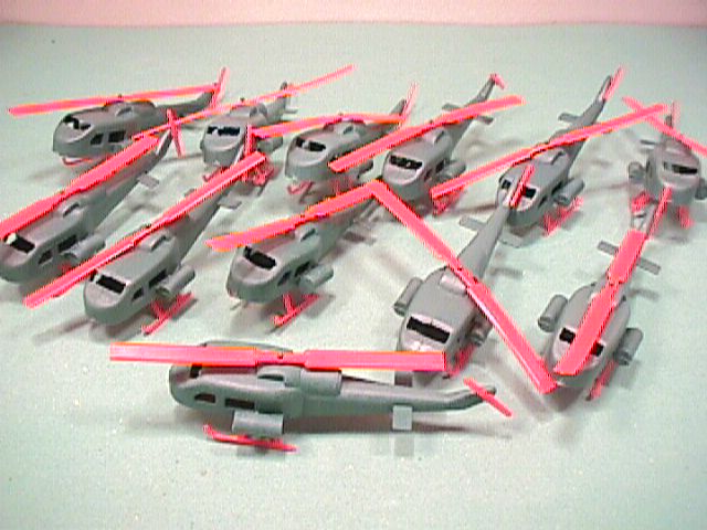 Set Of 12 Green And Red Plastic Mini Helicopters
