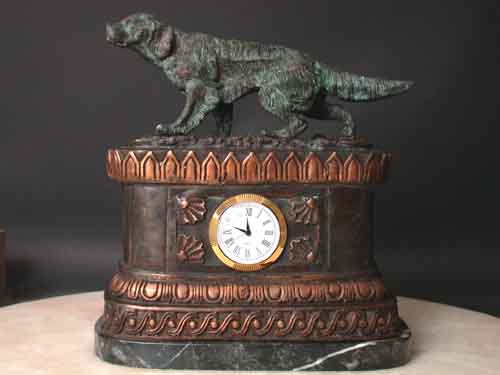 Bronze Clock Pointer Setter Hunting Dog Sculpture w/ Marble Base