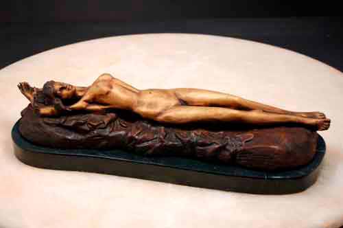 Bronze Female Reclining on Rock w/ Marble Base, Signed