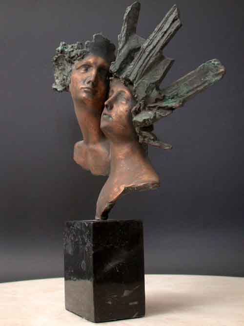 Bronze Bust Sculpture w/ Marble Base Male & Female Mask