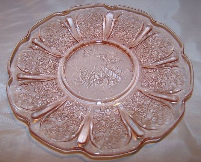 Image 0 of Pink Glass Plate or Saucer, Cherry Design, Scalloped Edge