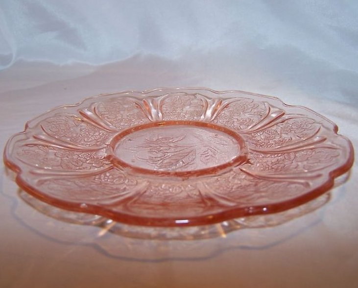 Image 1 of Pink Glass Plate or Saucer, Cherry Design, Scalloped Edge