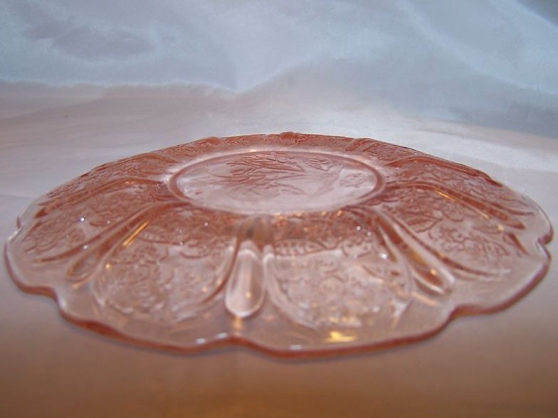Image 2 of Pink Glass Plate or Saucer, Cherry Design, Scalloped Edge