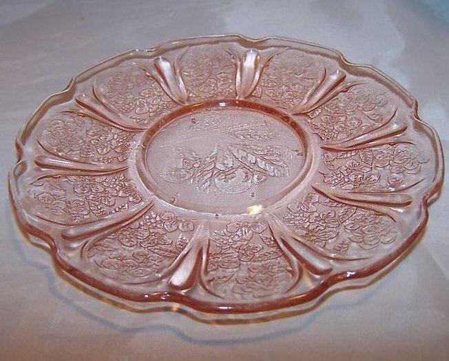 Image 4 of Pink Glass Plate or Saucer, Cherry Design, Scalloped Edge