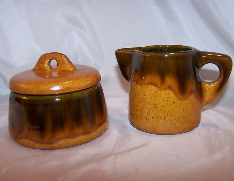 Image 0 of Brown Drip Blue Interior Creamer Sugar Bowl Israel