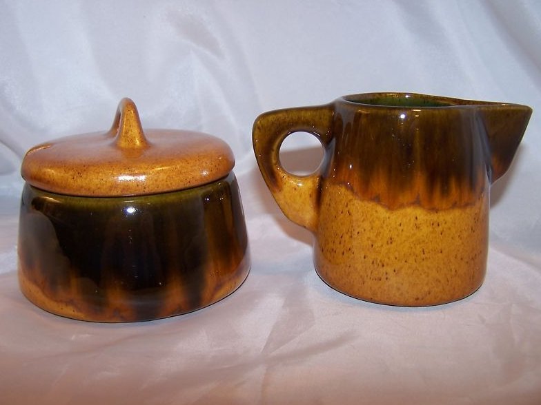 Image 1 of Brown Drip Blue Interior Creamer Sugar Bowl Israel