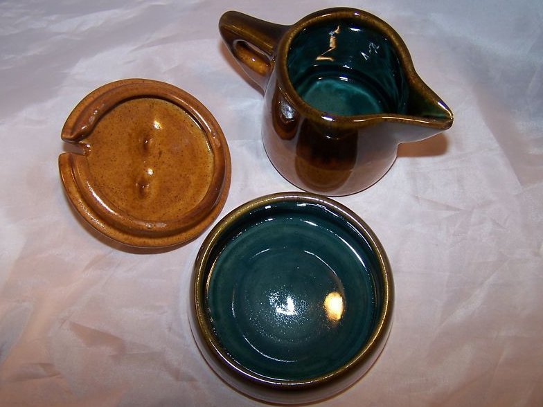 Image 2 of Brown Drip Blue Interior Creamer Sugar Bowl Israel