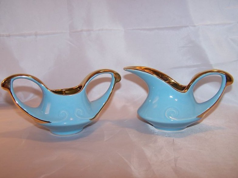 Blue and Gold Creamer with Sugar Bowl Vintage Beautiful