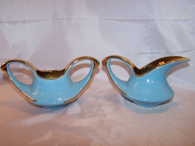 Image 2 of Blue and Gold Creamer with Sugar Bowl Vintage Beautiful