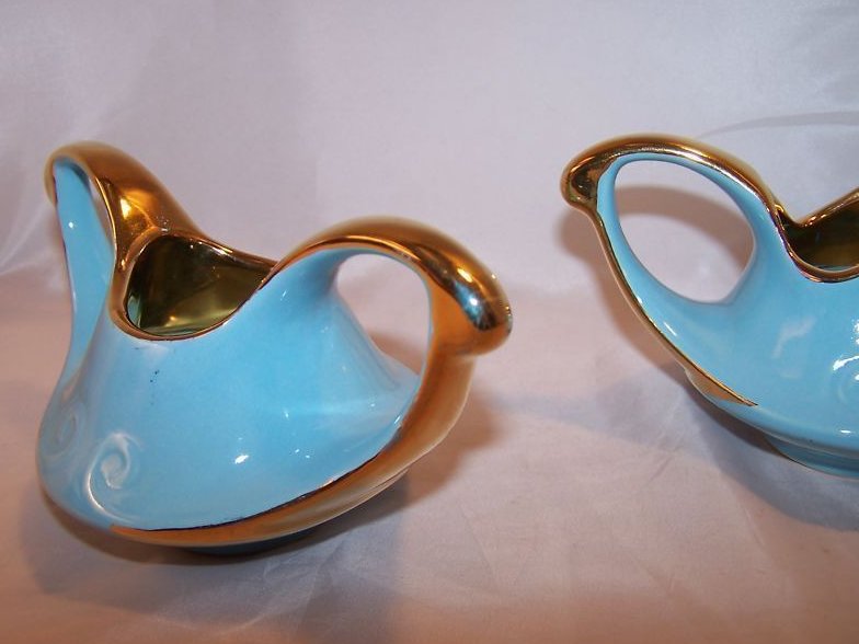 Image 4 of Blue and Gold Creamer with Sugar Bowl Vintage Beautiful