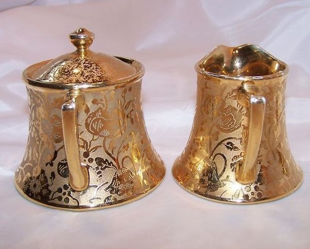 Image 1 of Gold Creamer and Sugar Bowl, Gorgeous, Vintage, Stouffer