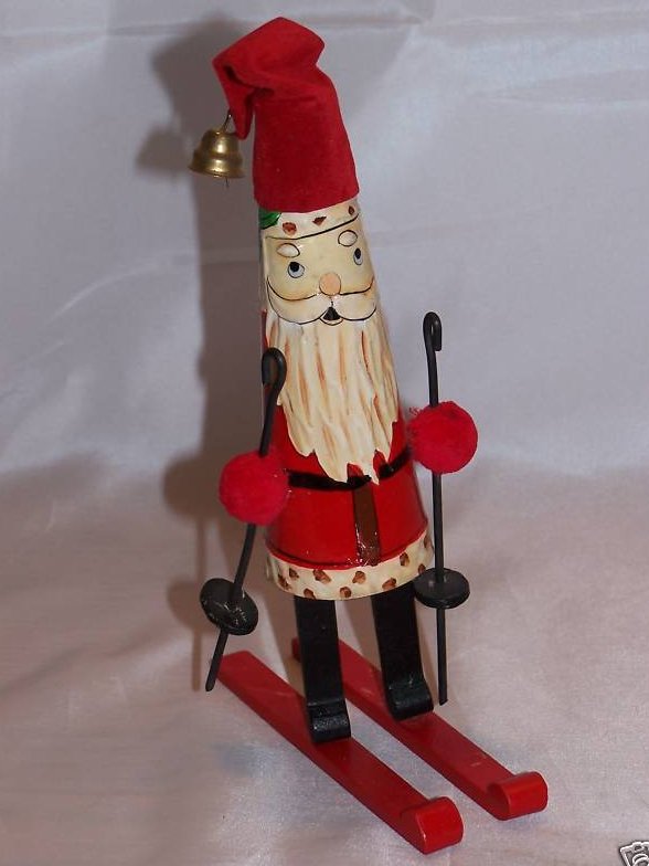 Image 0 of Terrys Village Ski Skiing Wood Santa with Jingle Bell