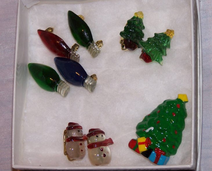 Christmas Jewelry Lights, Trees, Snowmen Earrings, Pin 