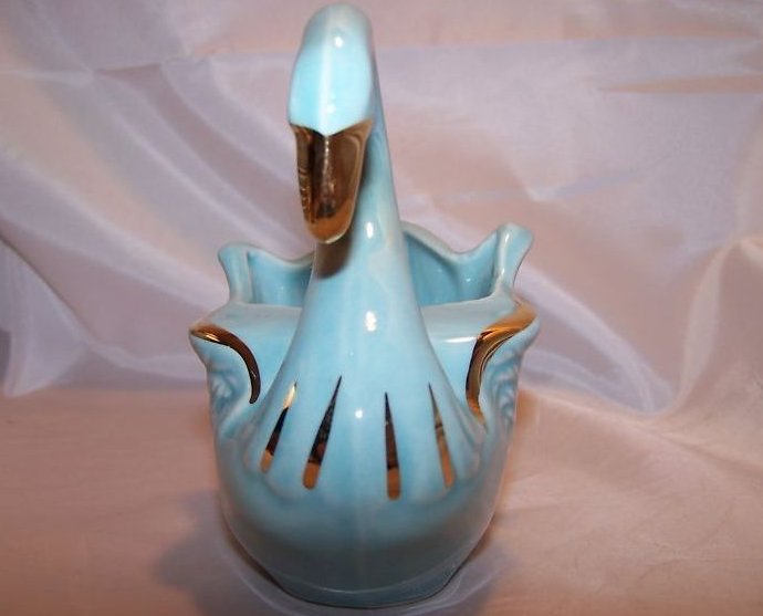 Image 1 of Gorgeous Blue Swan Ceramic Planter w Gold Highlights