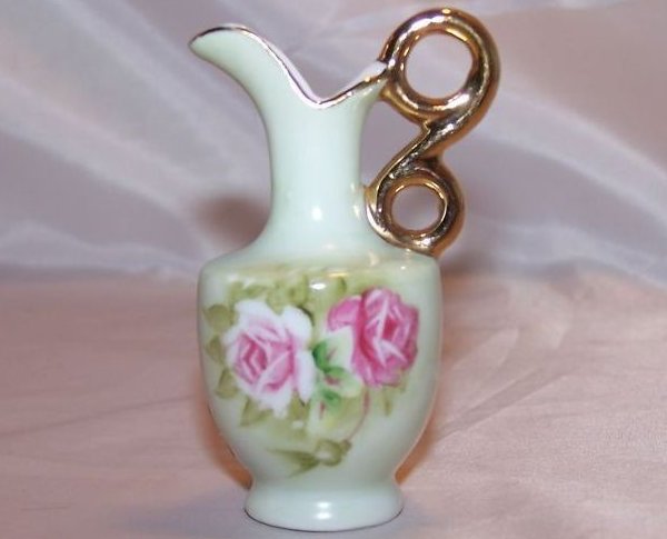 Lefton Gold Double Loop Handle Mini Pitcher with Roses