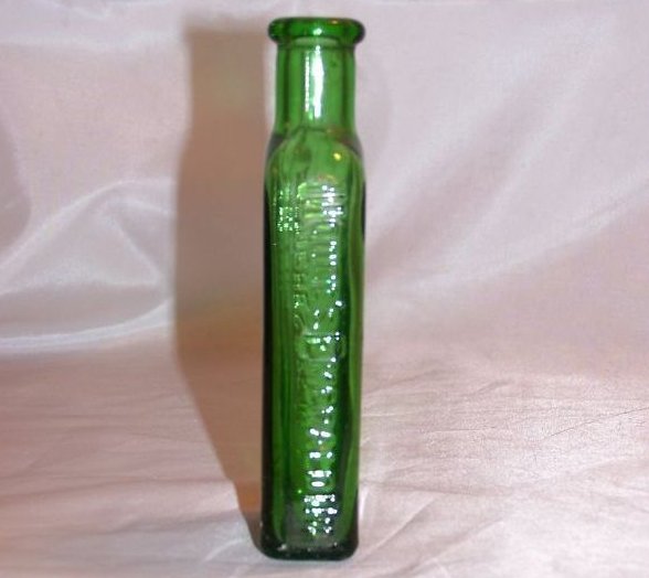 Image 1 of Moones Emerald Oil Green Glass Bottle, Approx 1910