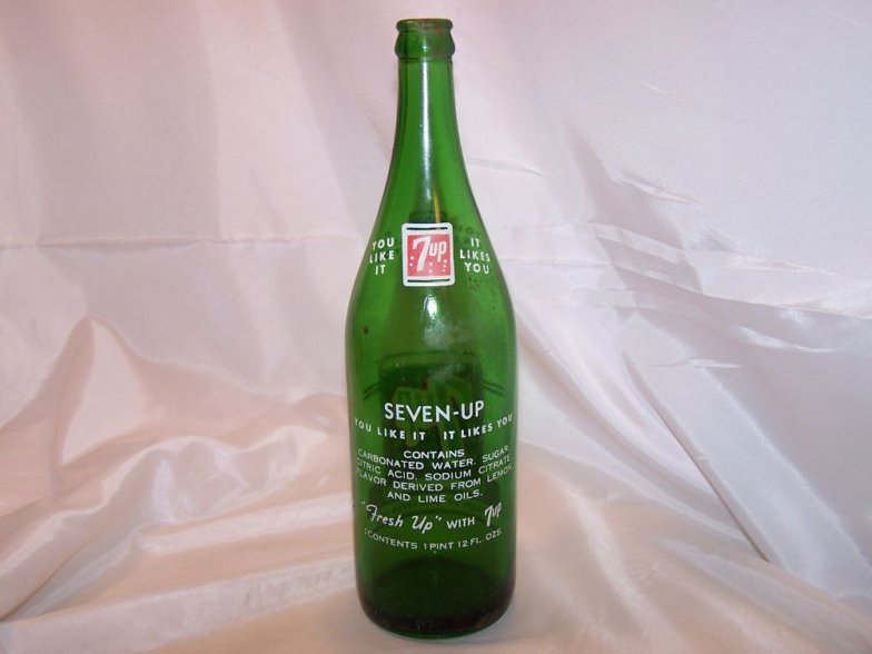 Image 1 of 7UP, 7 UP, Green Glass Soda Pop Bottle, 1 pint 12 ounces