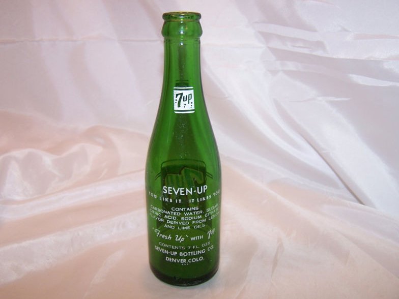 Image 1 of 7 ounce, 7UP, 7 UP, Green Glass Soda Pop Bottle, Denver Colo