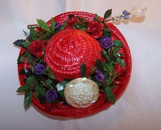 New Woven Red Hat with Red, Purple Roses Flowers, Hat Pin