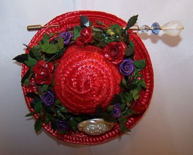 Image 1 of New Woven Red Hat with Red, Purple Roses Flowers, Hat Pin
