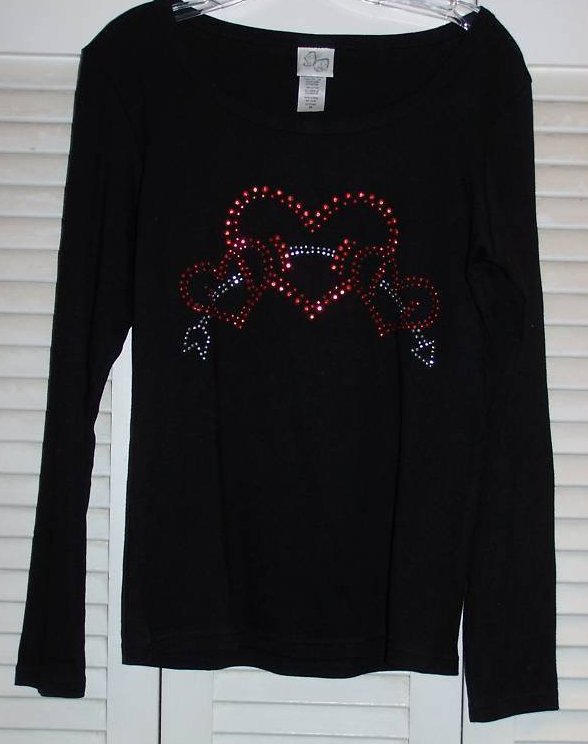 Juniors Sz M Long Sleeve Black Shirt with Sparkly Hearts