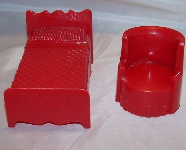 Image 2 of Dollhouse Bed and Chair, Vintage, Plastic