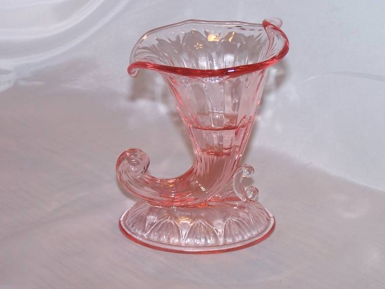 Image 0 of Fenton Pink Pressed Glass Cornucopia Candleholder, Vase