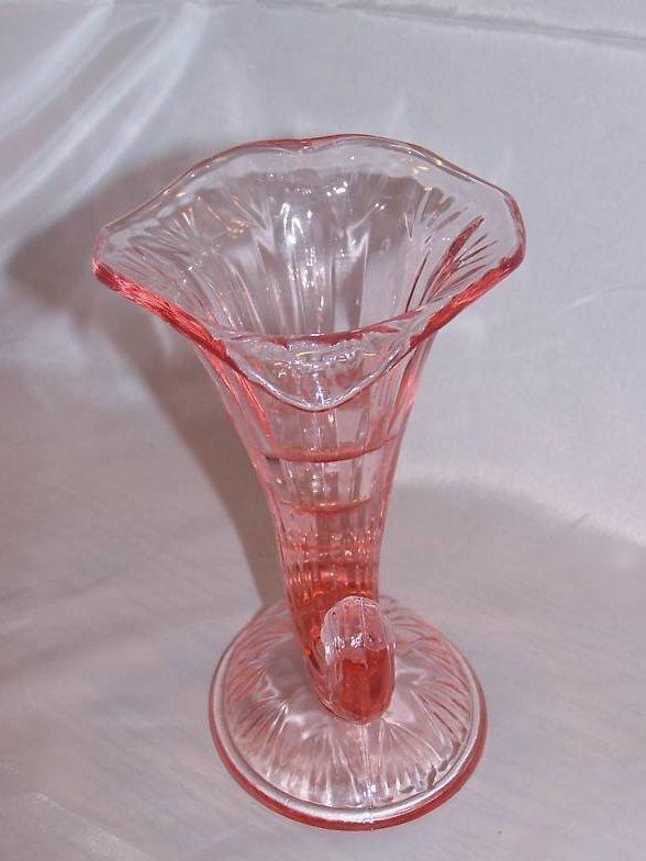 Image 1 of Fenton Pink Pressed Glass Cornucopia Candleholder, Vase