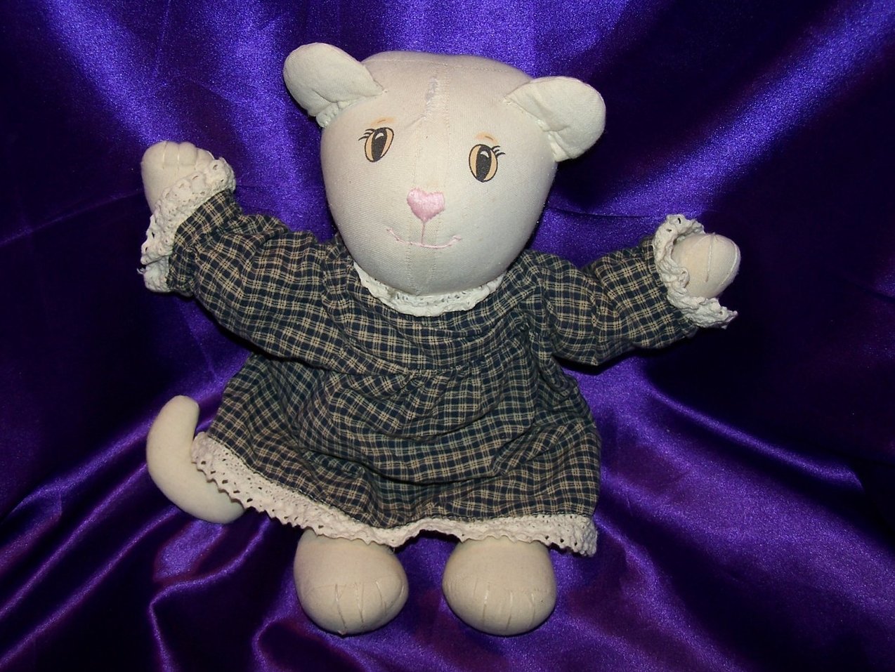 Folk Art Cat Stuffed Animal, Gingham Dress