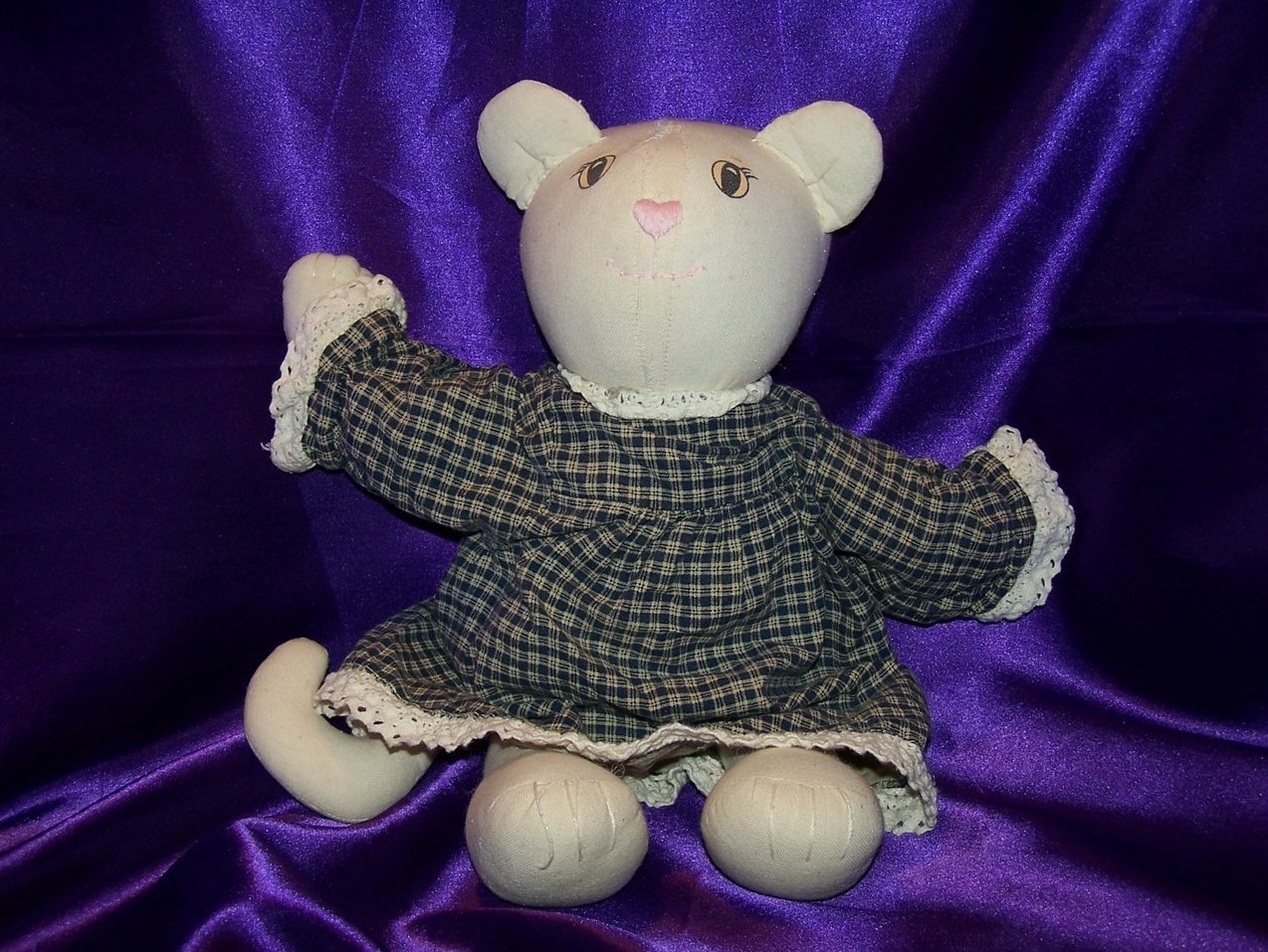 Image 1 of Folk Art Cat Stuffed Animal, Gingham Dress